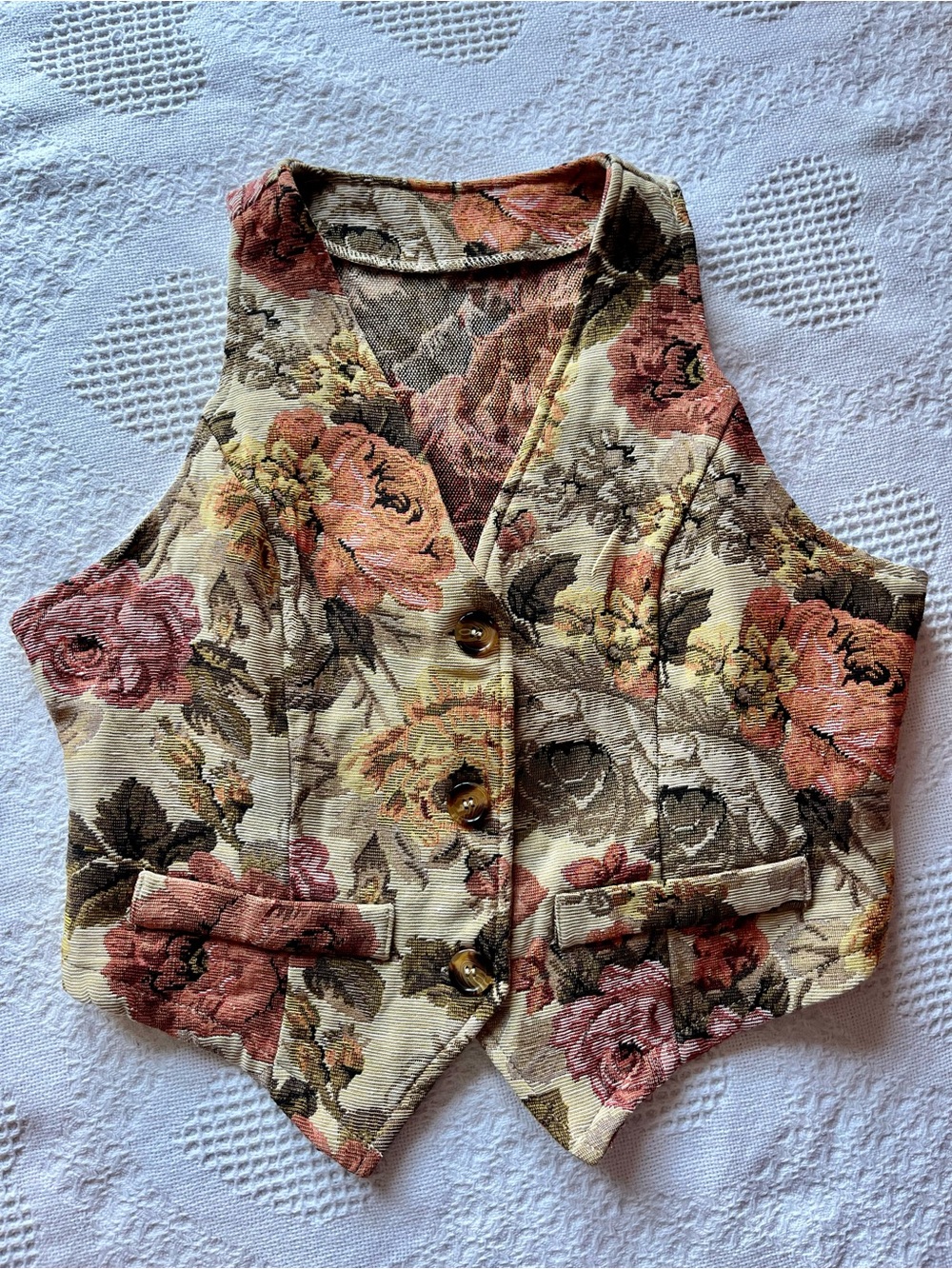 Floral Tapestry Vest in Fall Colors 3-Button Women’s Autumn Vest for Layering - Picture 3 of 6